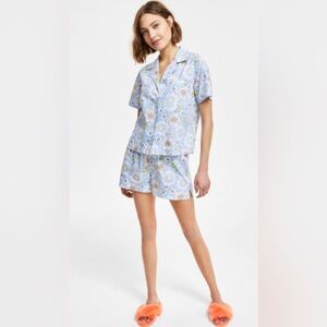 JENNI Women's 2pc Woven Notched-Collar Short Pajamas Set Floral Blue Sz …